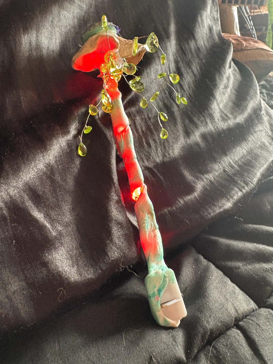 Handmade Ceramic Mushroom Wand with Green Beads - photo 4