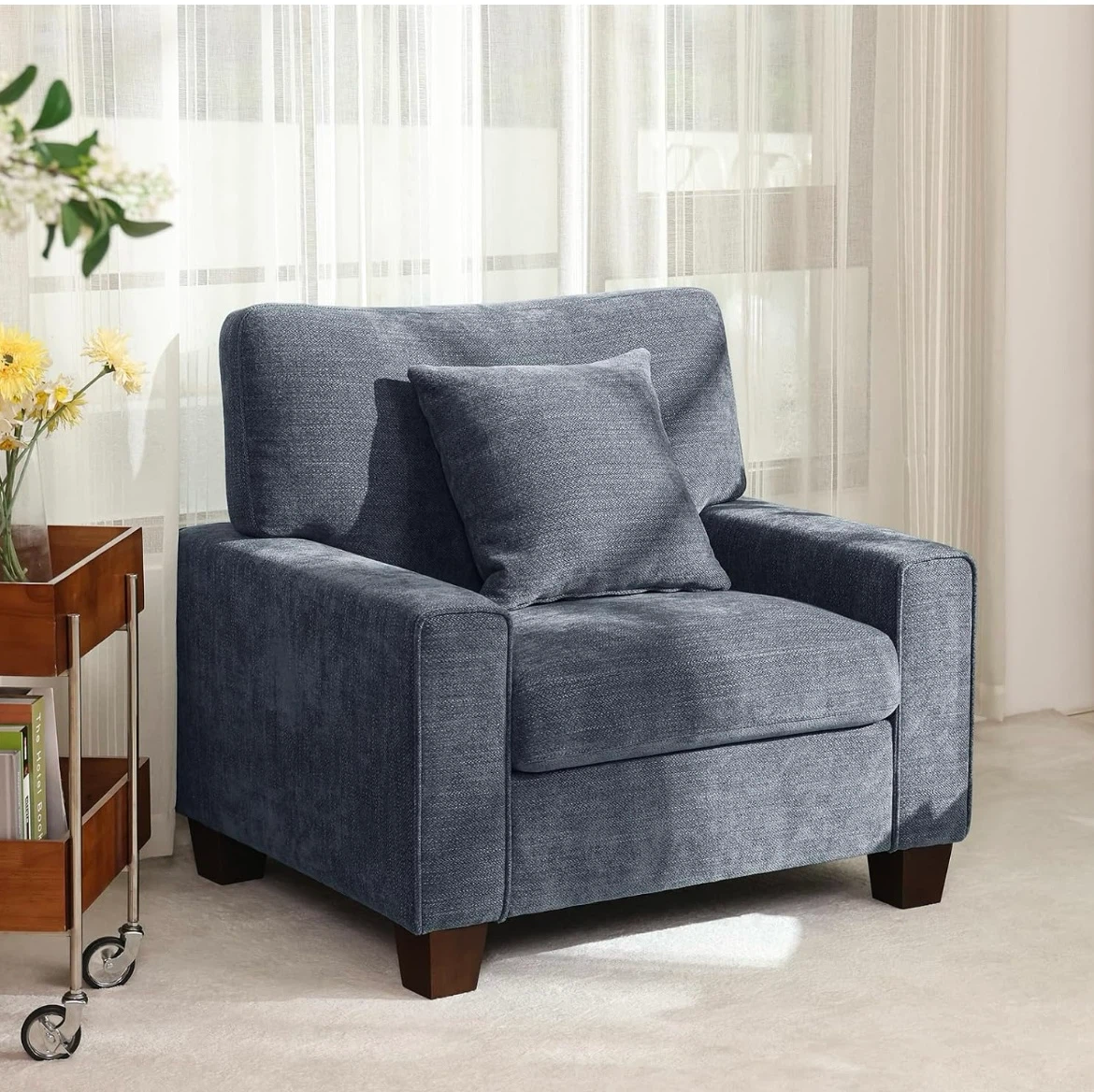 Blue Chenille Armchair with Solid Wood Legs