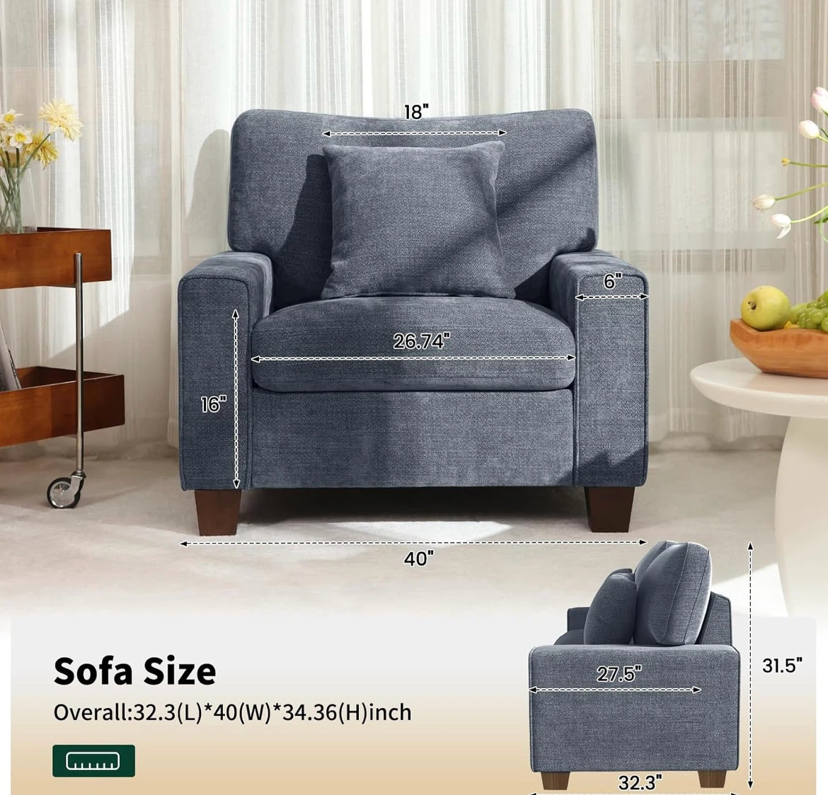 Blue Chenille Armchair with Solid Wood Legs - photo 2