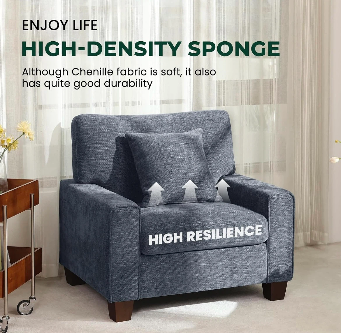 Blue Chenille Armchair with Solid Wood Legs - photo 3