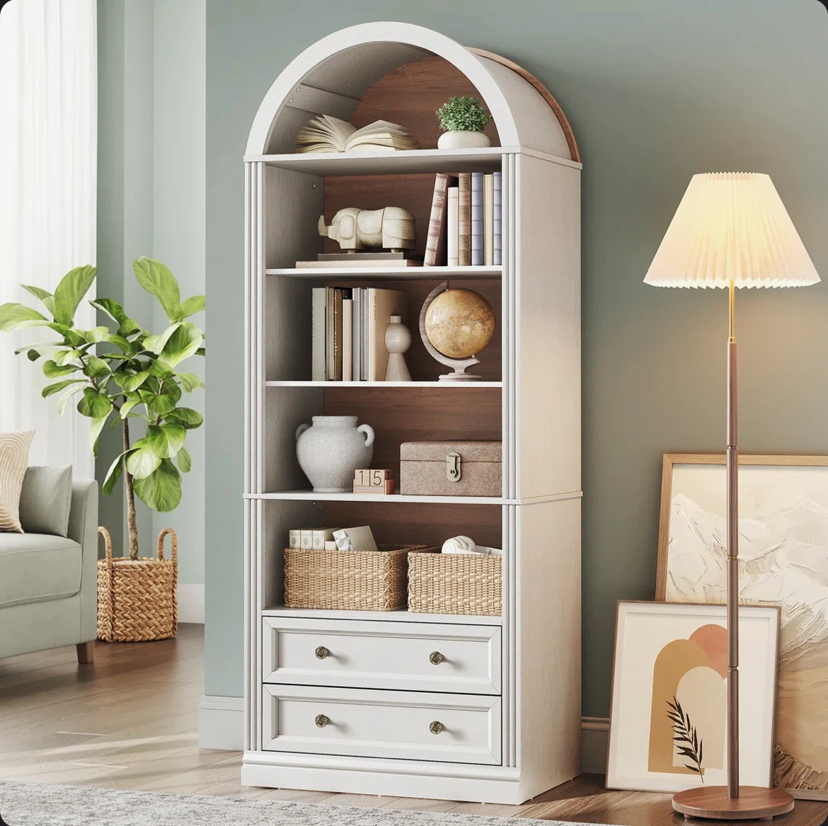 White Arched Bookshelf with Drawers