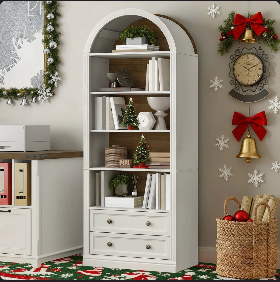 White Arched Bookshelf with Drawers - photo 2