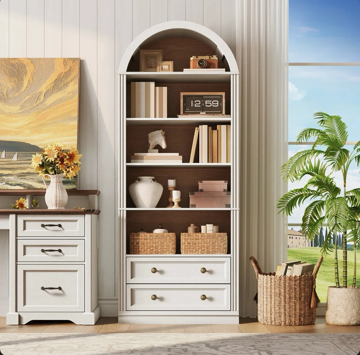 White Arched Bookshelf with Drawers - photo 3