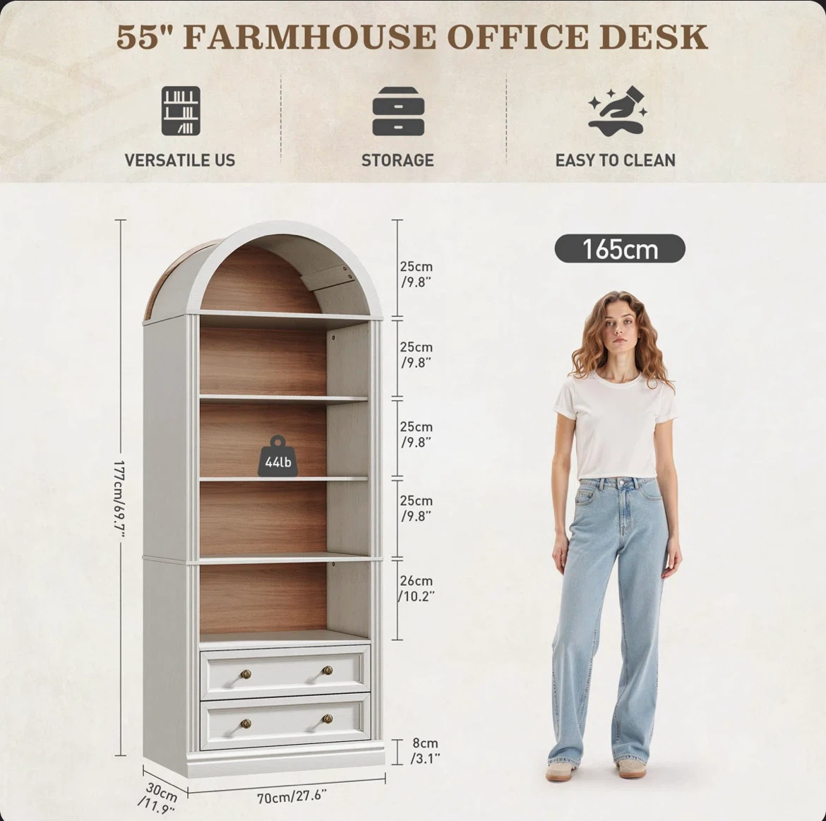 White Arched Bookshelf with Drawers - photo 4
