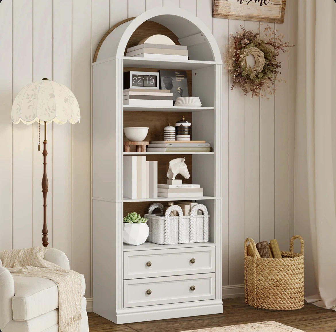 White Arched Bookshelf with Drawers - photo 5