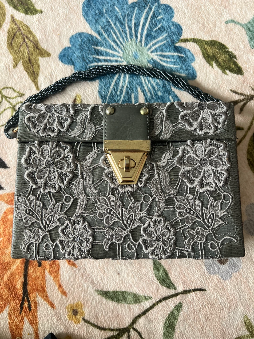 Grey Embroidered Clutch Bag with Beaded Handle