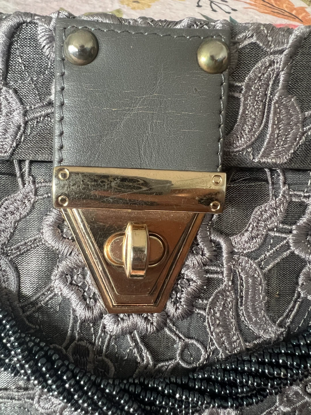 Grey Embroidered Clutch Bag with Beaded Handle - photo 2