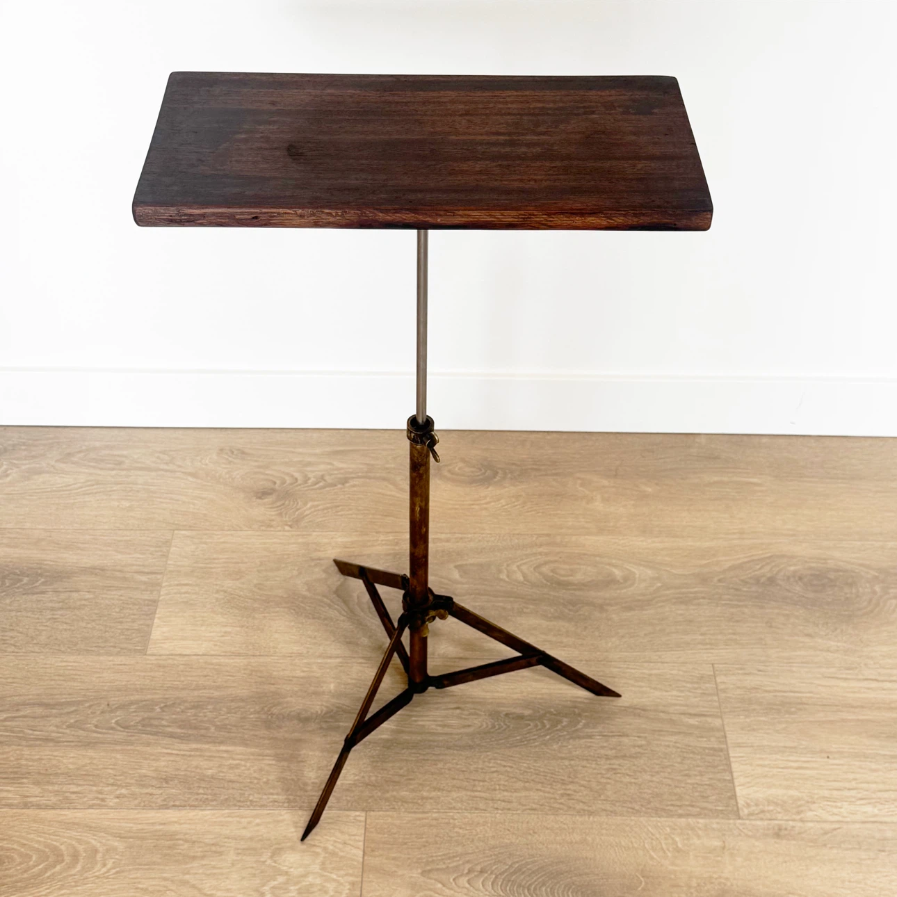 Industrial upcycled vintage side table- Brass tripod base