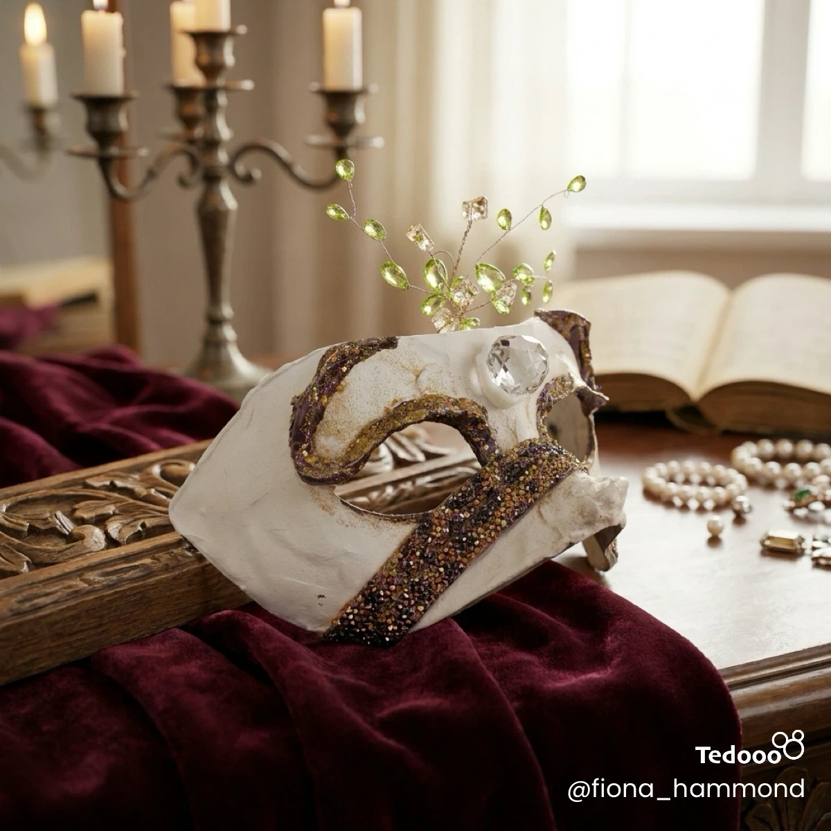 Hand-decorated Masquerade Mask with Green Beading