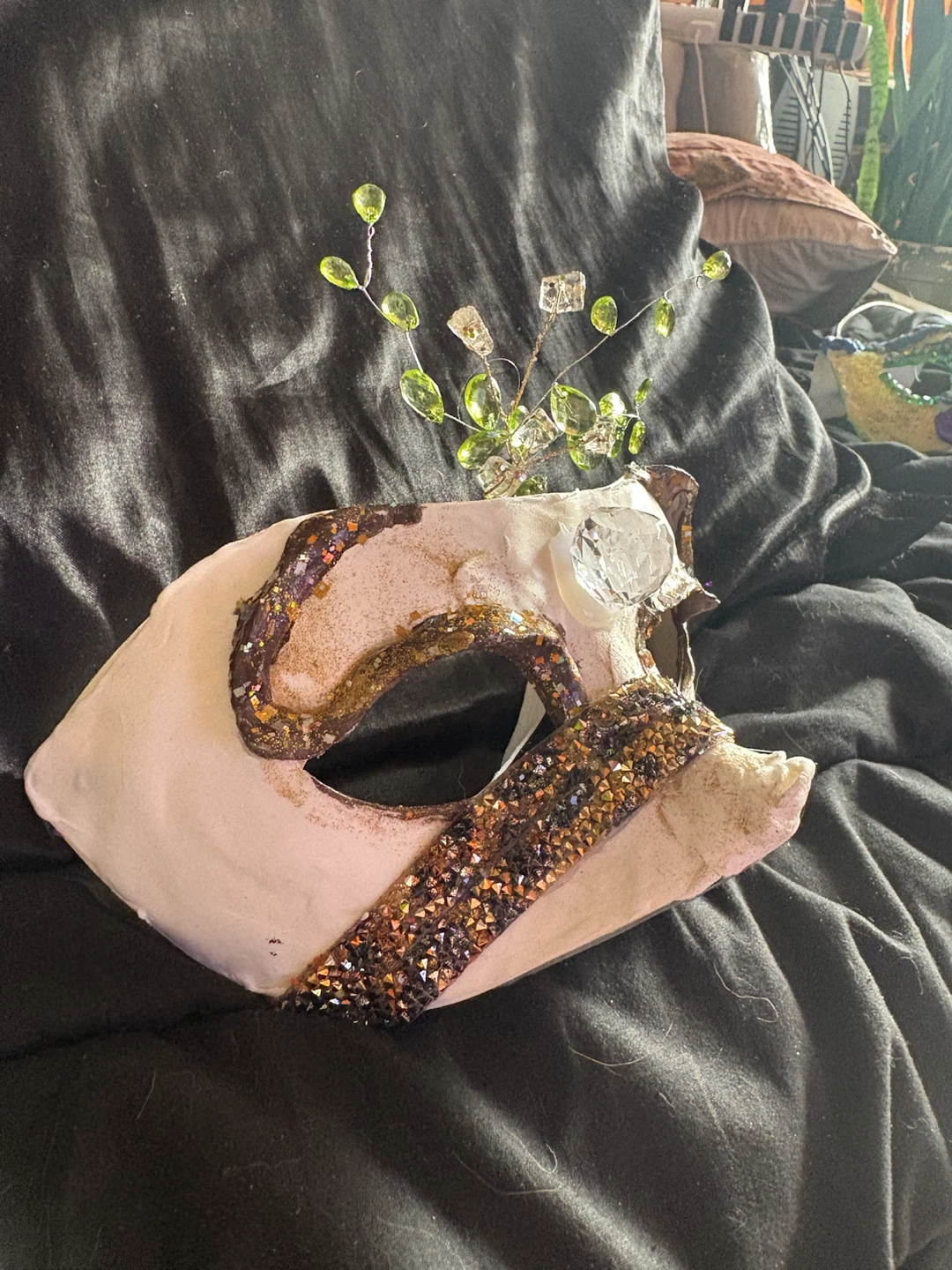 Hand-decorated Masquerade Mask with Green Beading - photo 3
