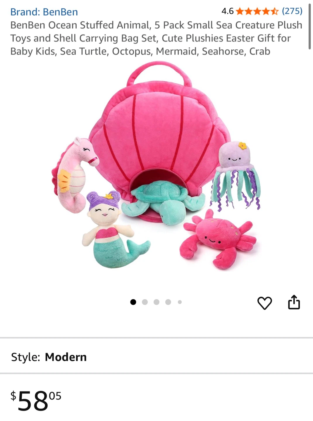 New BenBen Ocean Stuffed Animal 5 Pack with Shell Bag