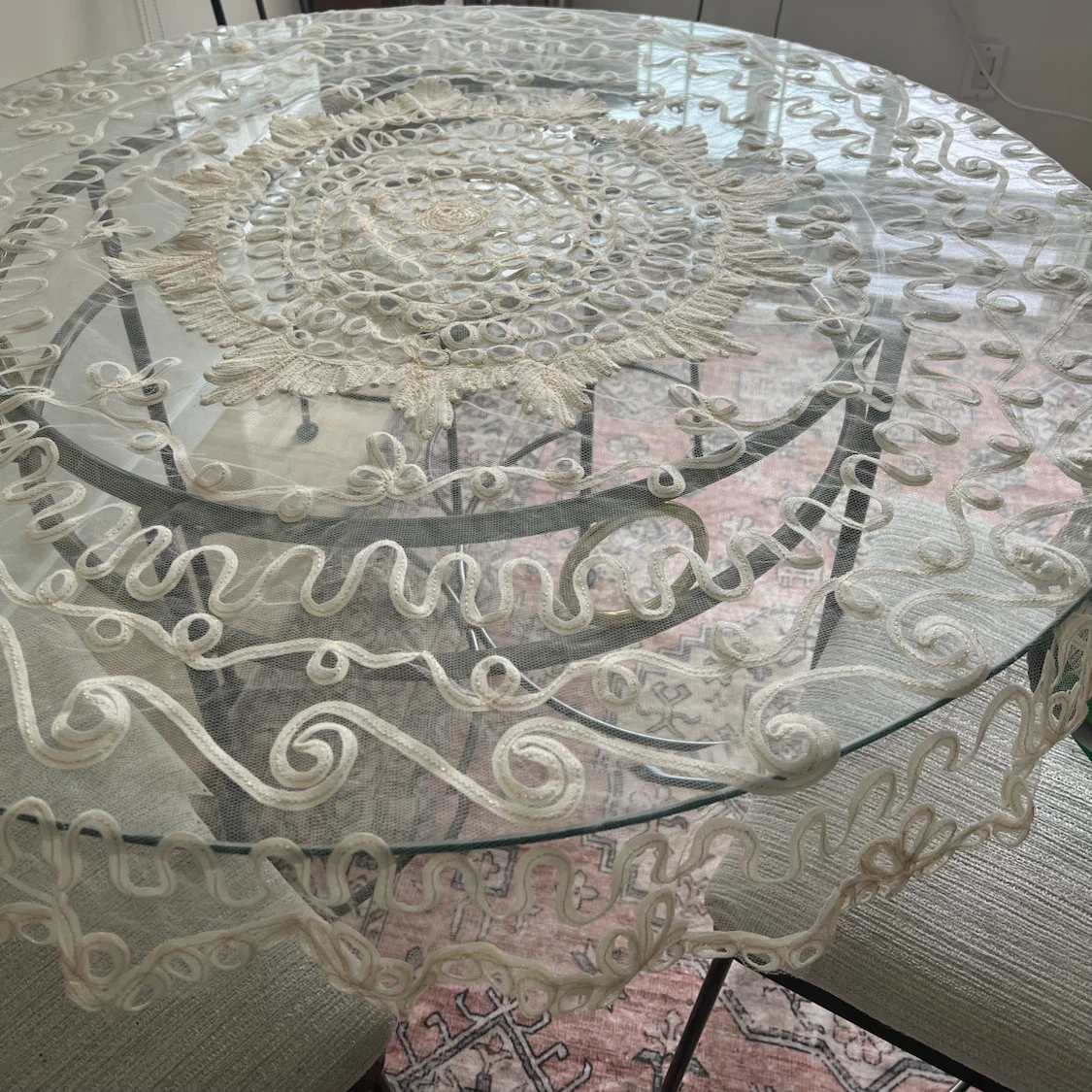 Round Glass Top Table with Lace Overlay