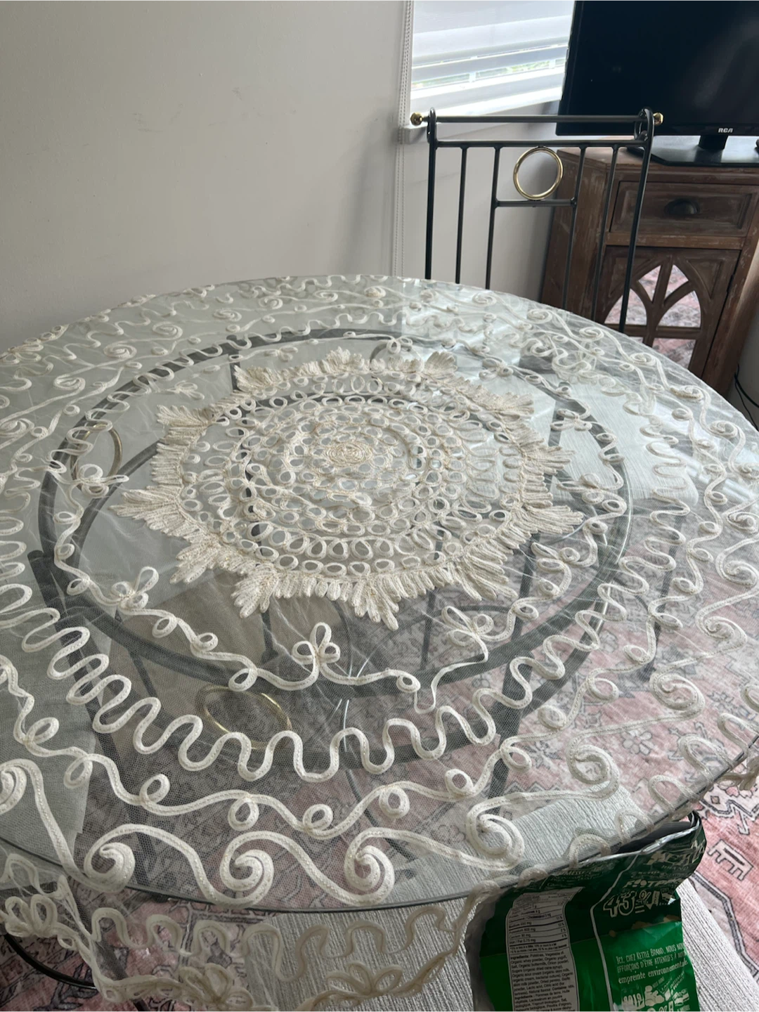 Round Glass Top Table with Lace Overlay - photo 2