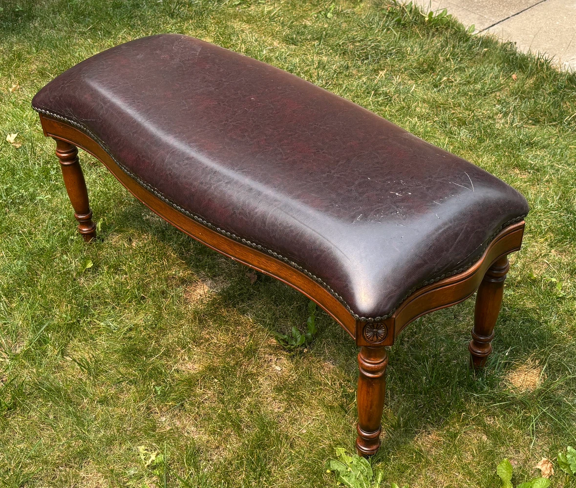 Vintage Leather Upholstered Wooden Bench with carvings
