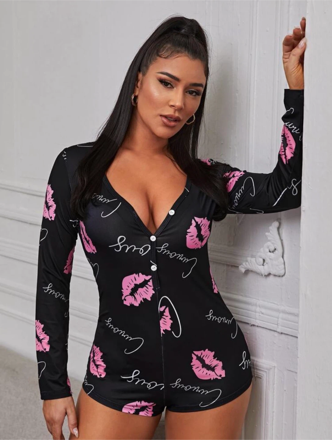 Black Pink Lips Romper