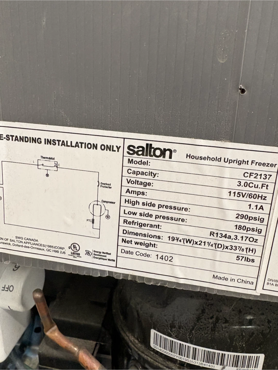 Salton Household Upright Freezer CF2137 - photo 5