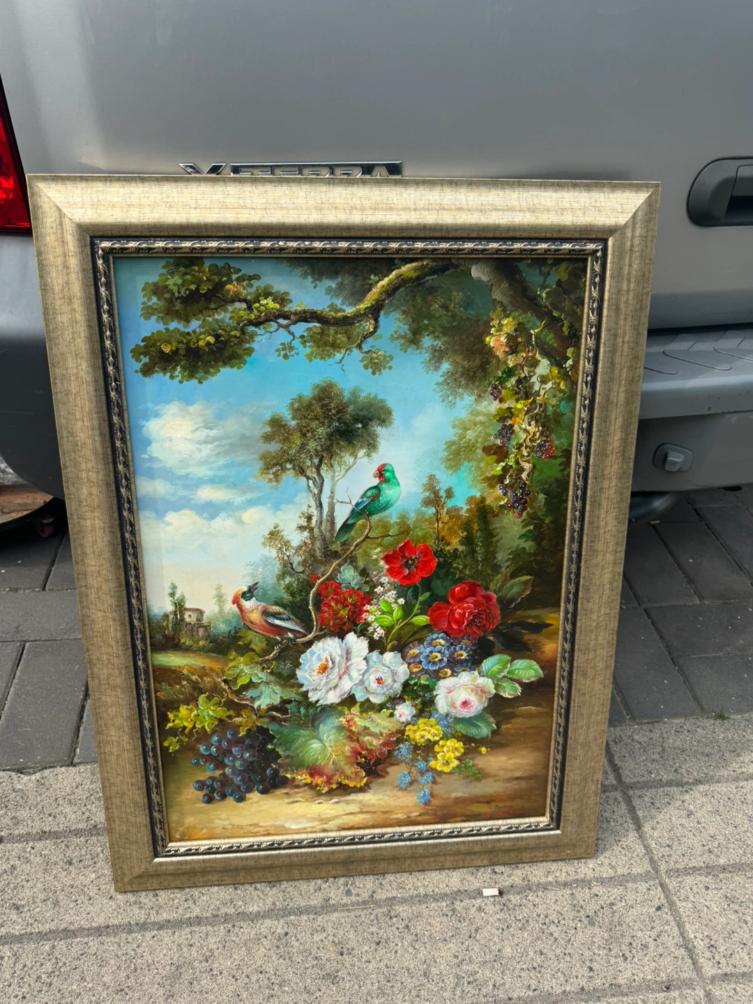 Framed Floral and Bird Painting
