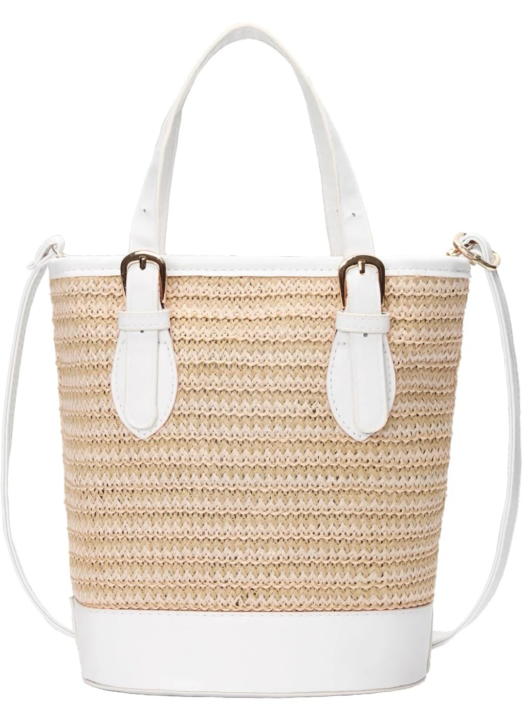 Straw Bucket Bag with White Trim