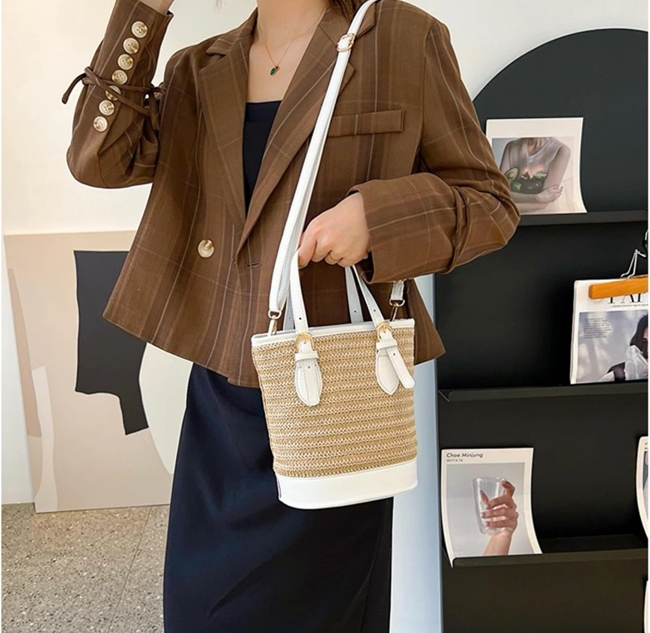 Straw Bucket Bag with White Trim - photo 2
