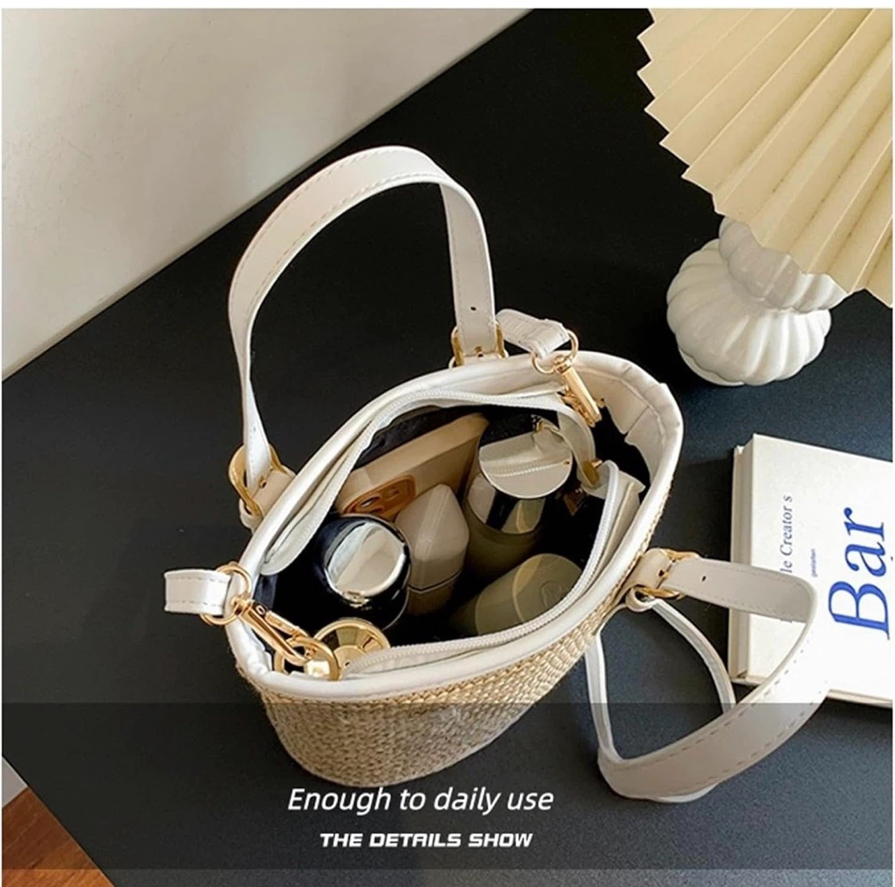 Straw Bucket Bag with White Trim - photo 3