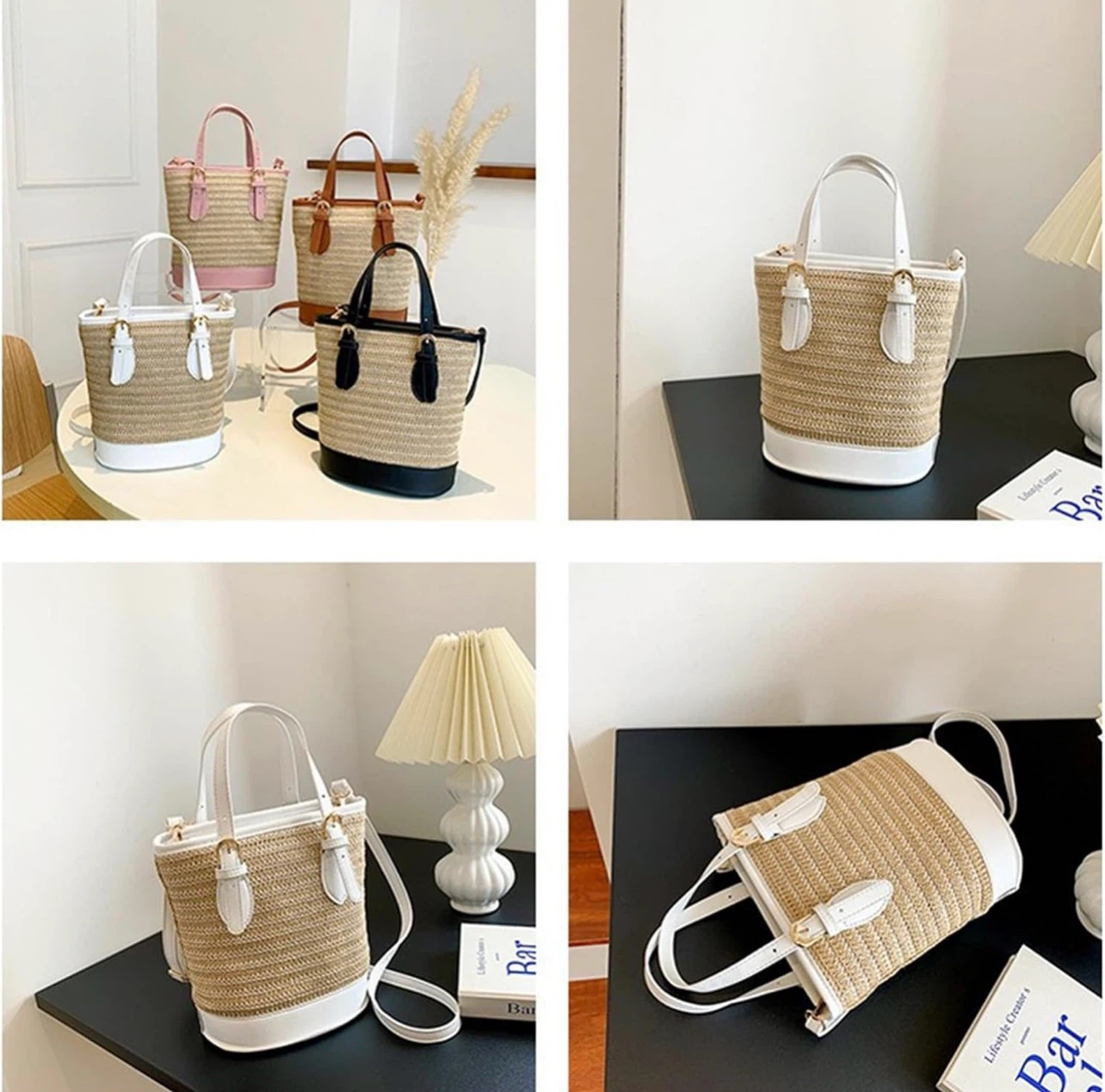 Straw Bucket Bag with White Trim - photo 4
