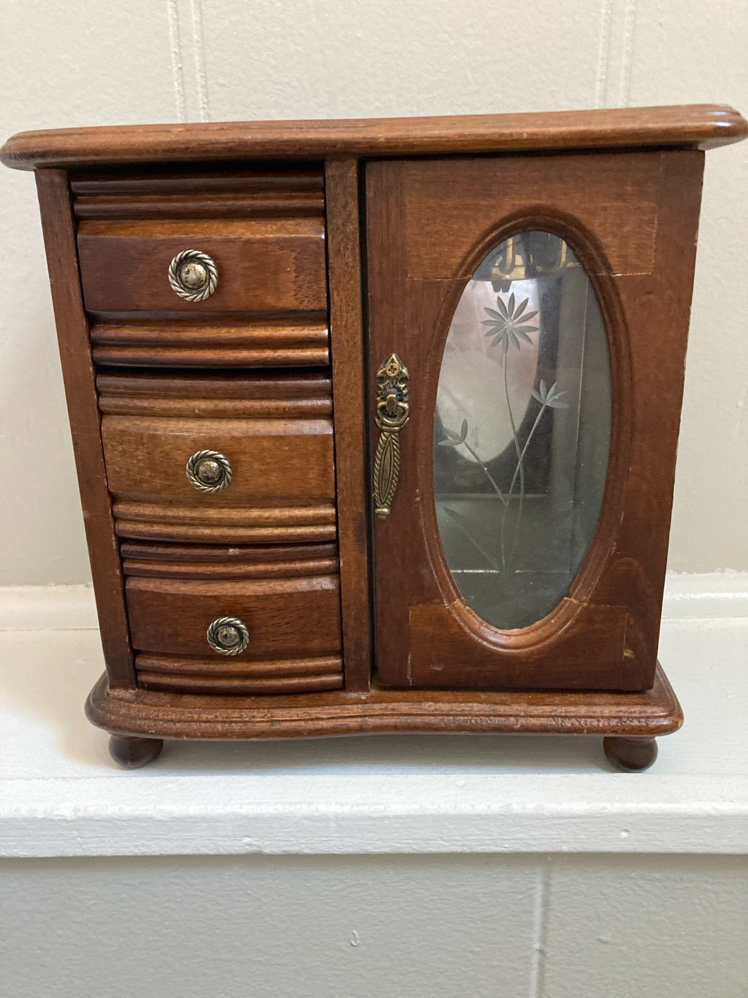 Wooden Jewelry Box with Drawers and Mirrored Door