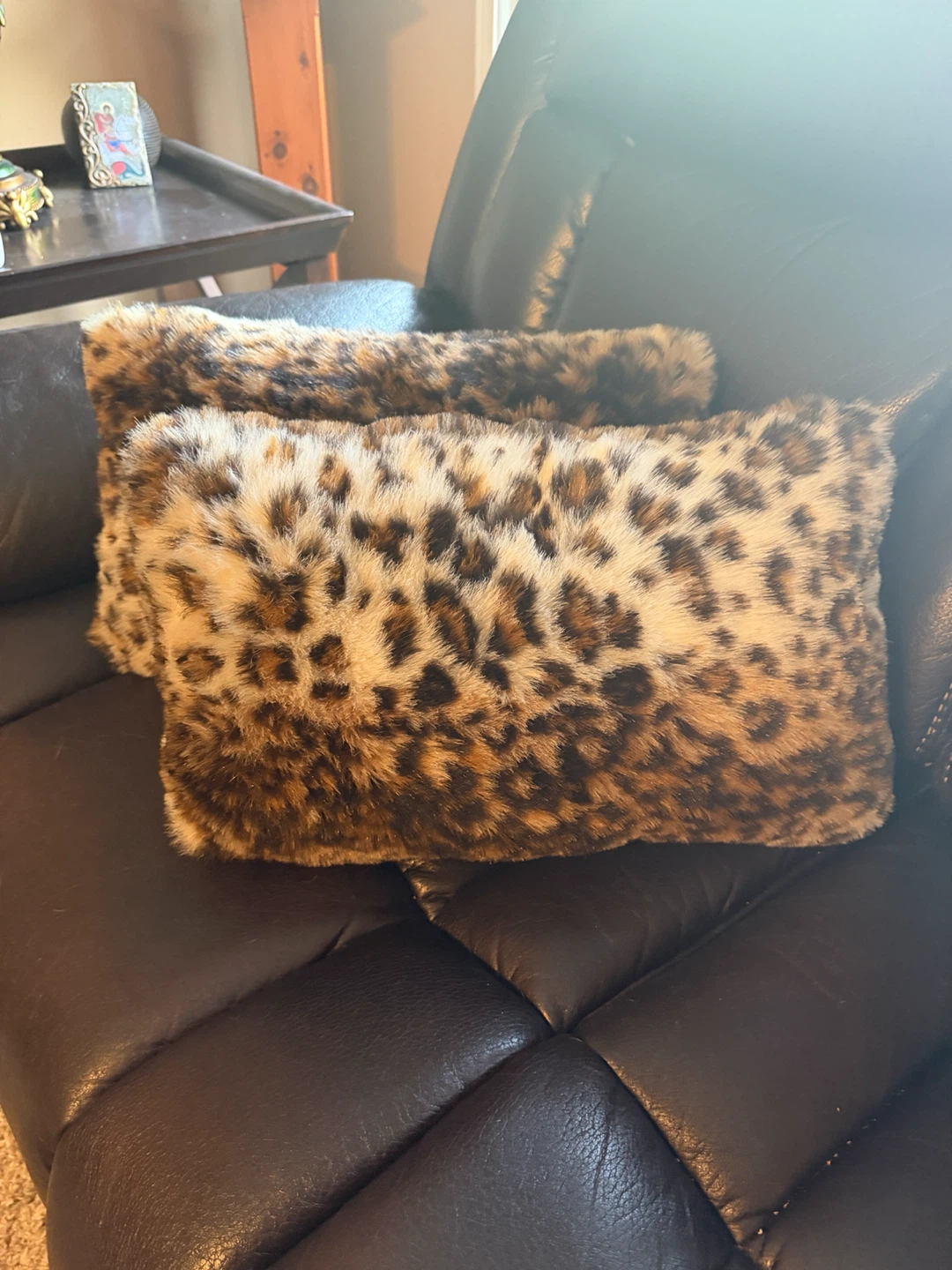Set of 2 Faux Fur Leopard Print Throw Pillows