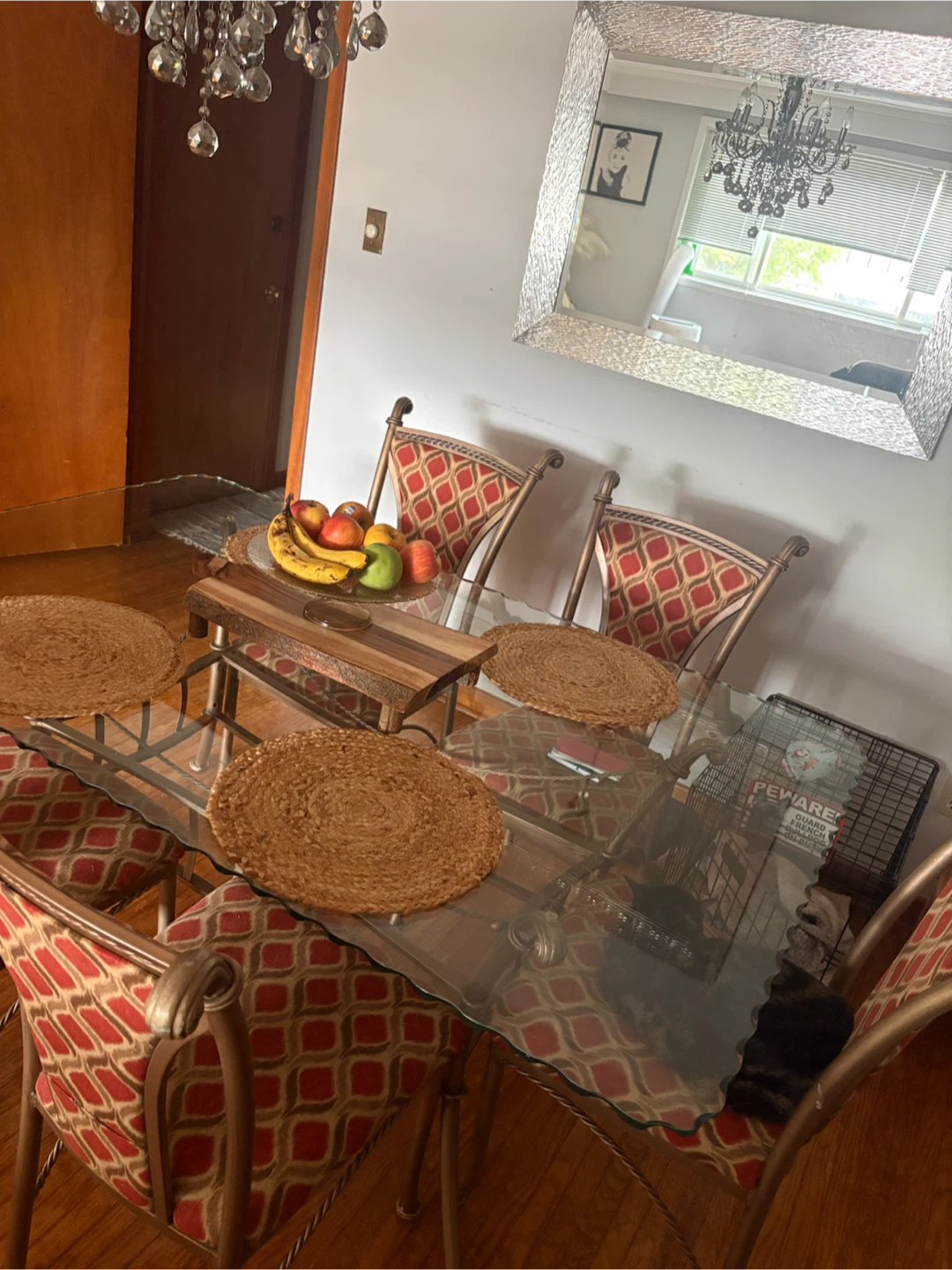 Set of 4 Dining Chairs with Red Patterned Upholstery