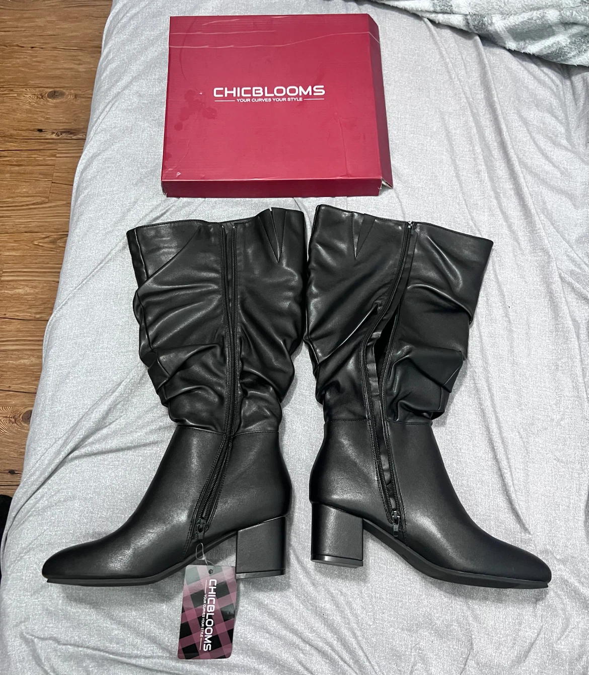 ChicBlooms Black Faux Leather Ruched Knee-High Boots