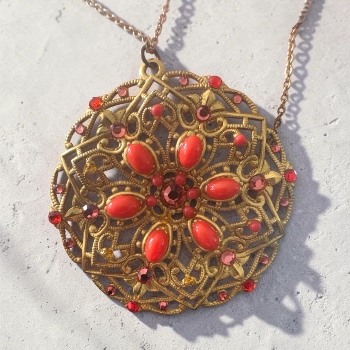 Ornate Red and Gold Pendant Necklace