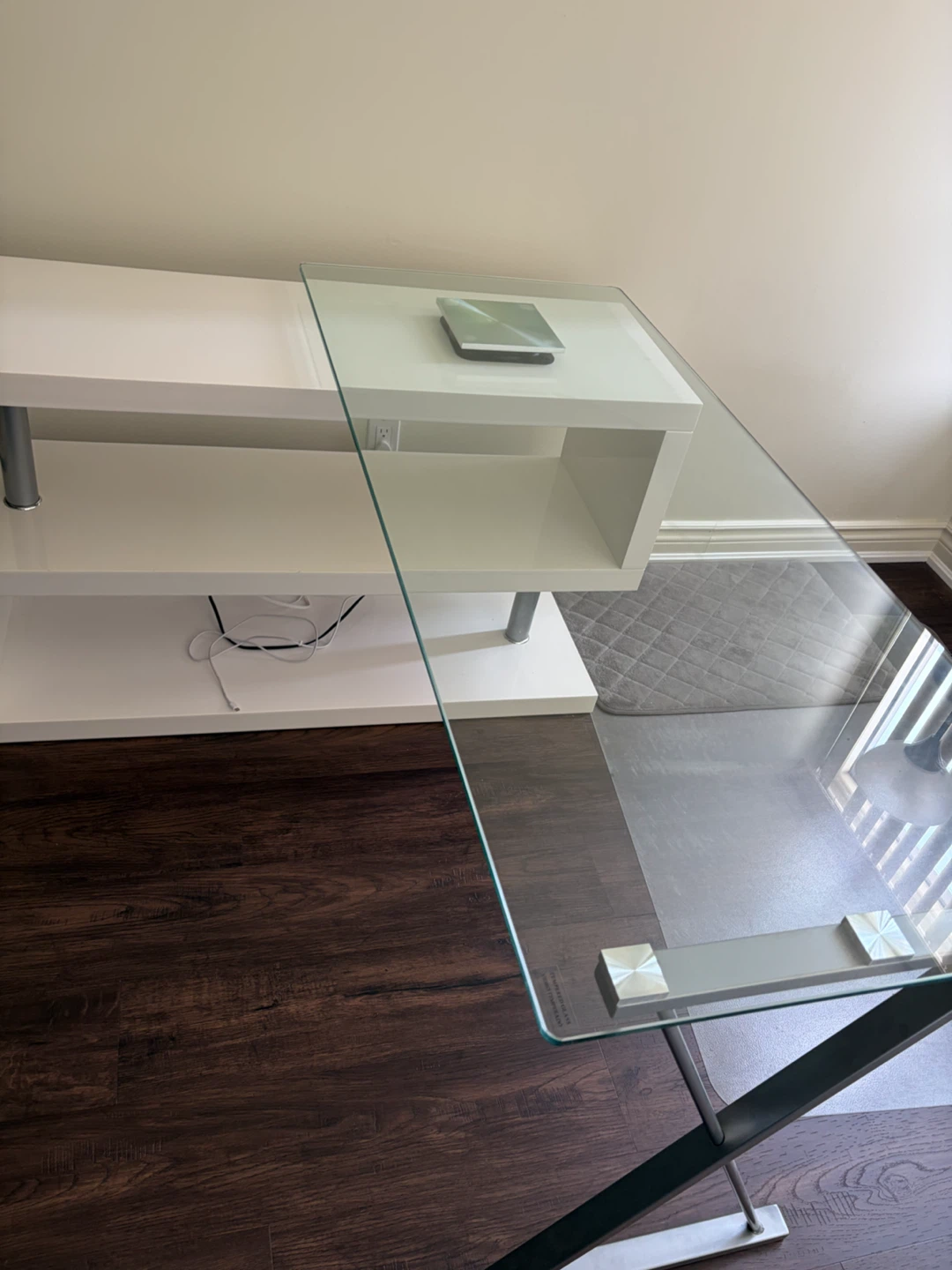 Glass Top Desk with White Storage Unit