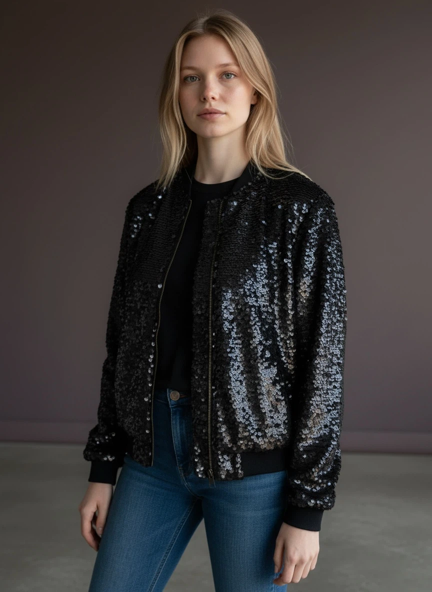 TOPSHOP Black Sequin Bomber Jacket Size US 6