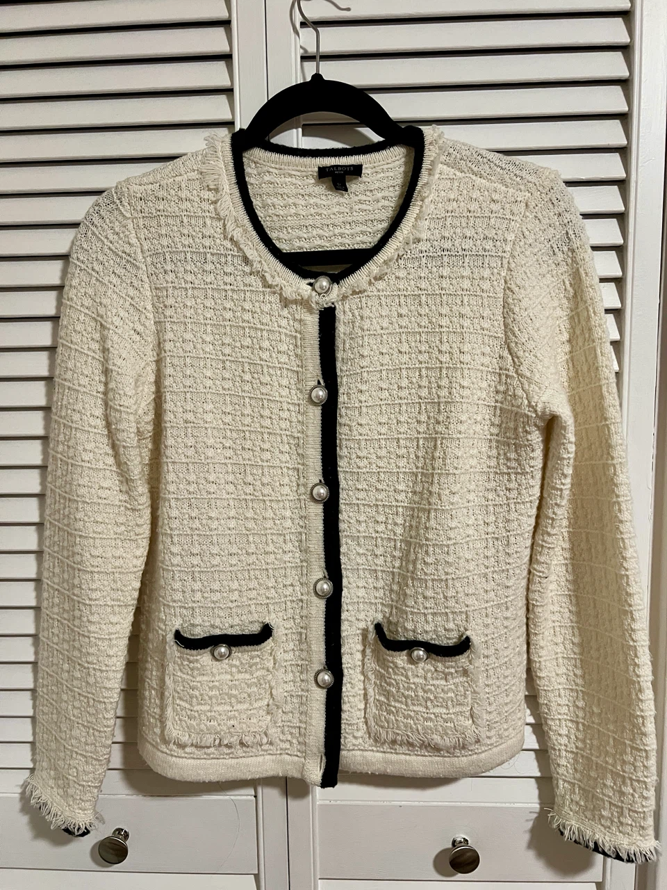 Talbots Cream Tweed Cardigan with Pearl Buttons - Petite Small