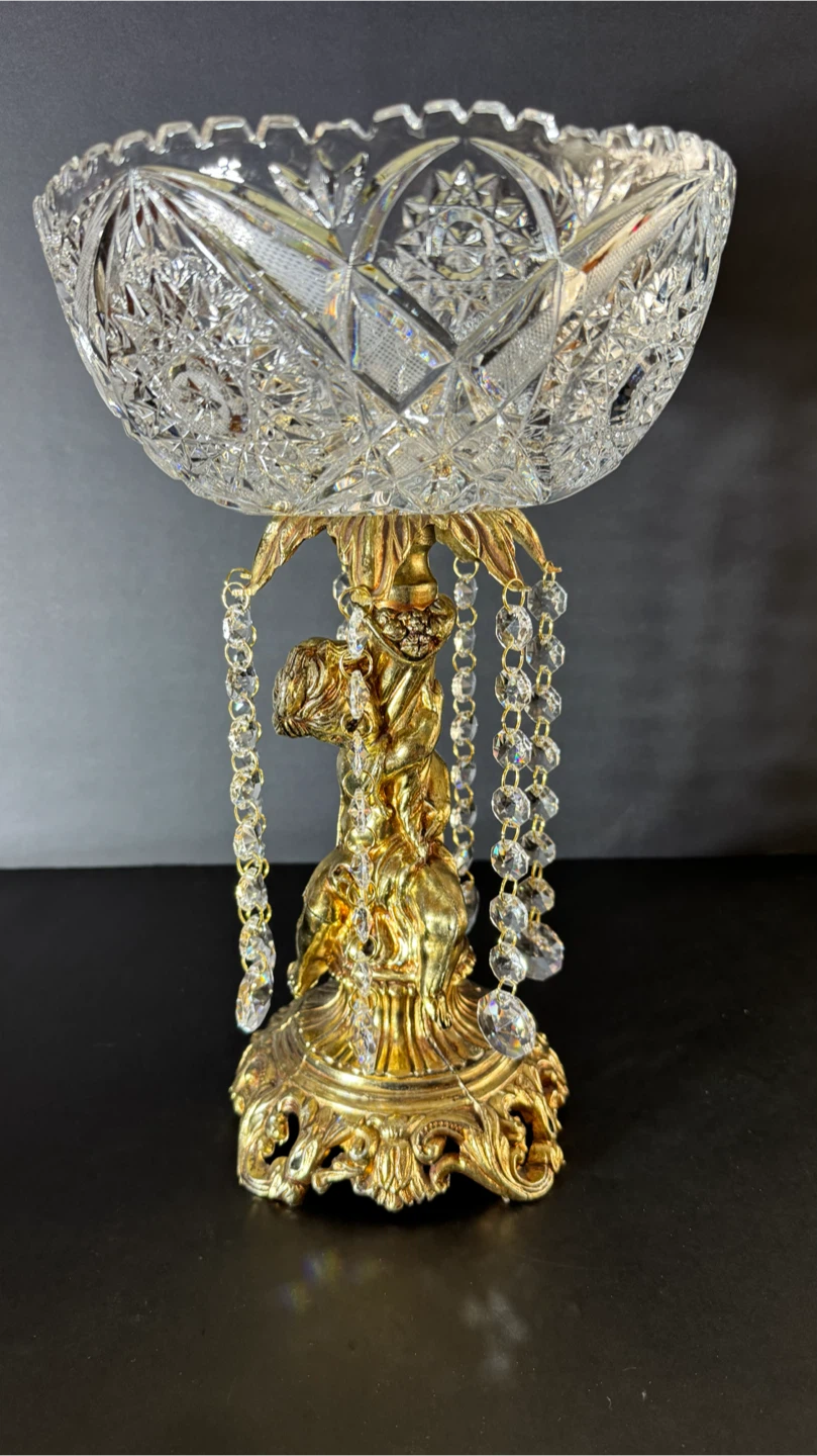 Crystal and Brass Pedestal Fruit Bowl with Dangles