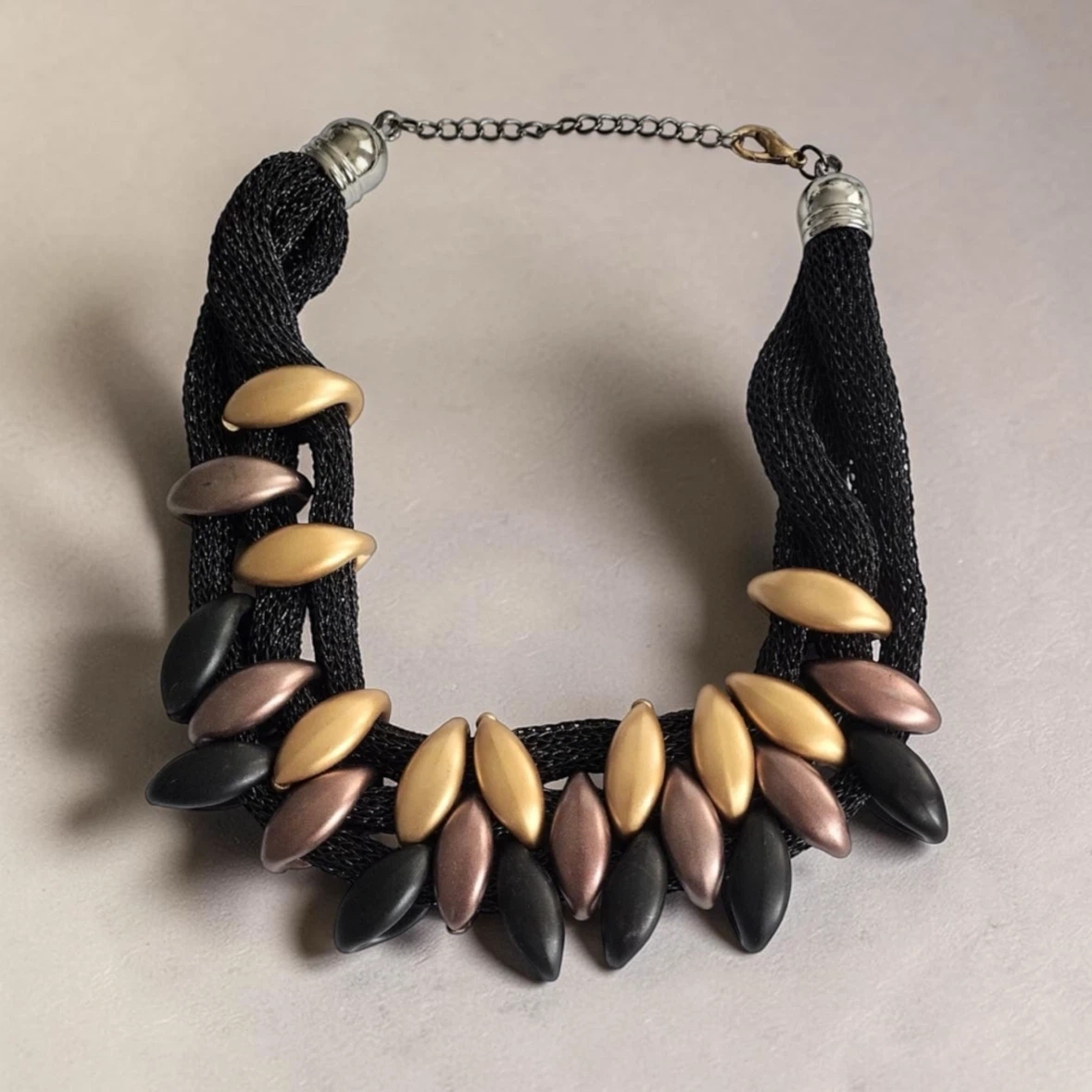 Black Mesh Necklace with Gold, Bronze, and Black Beads - photo 2