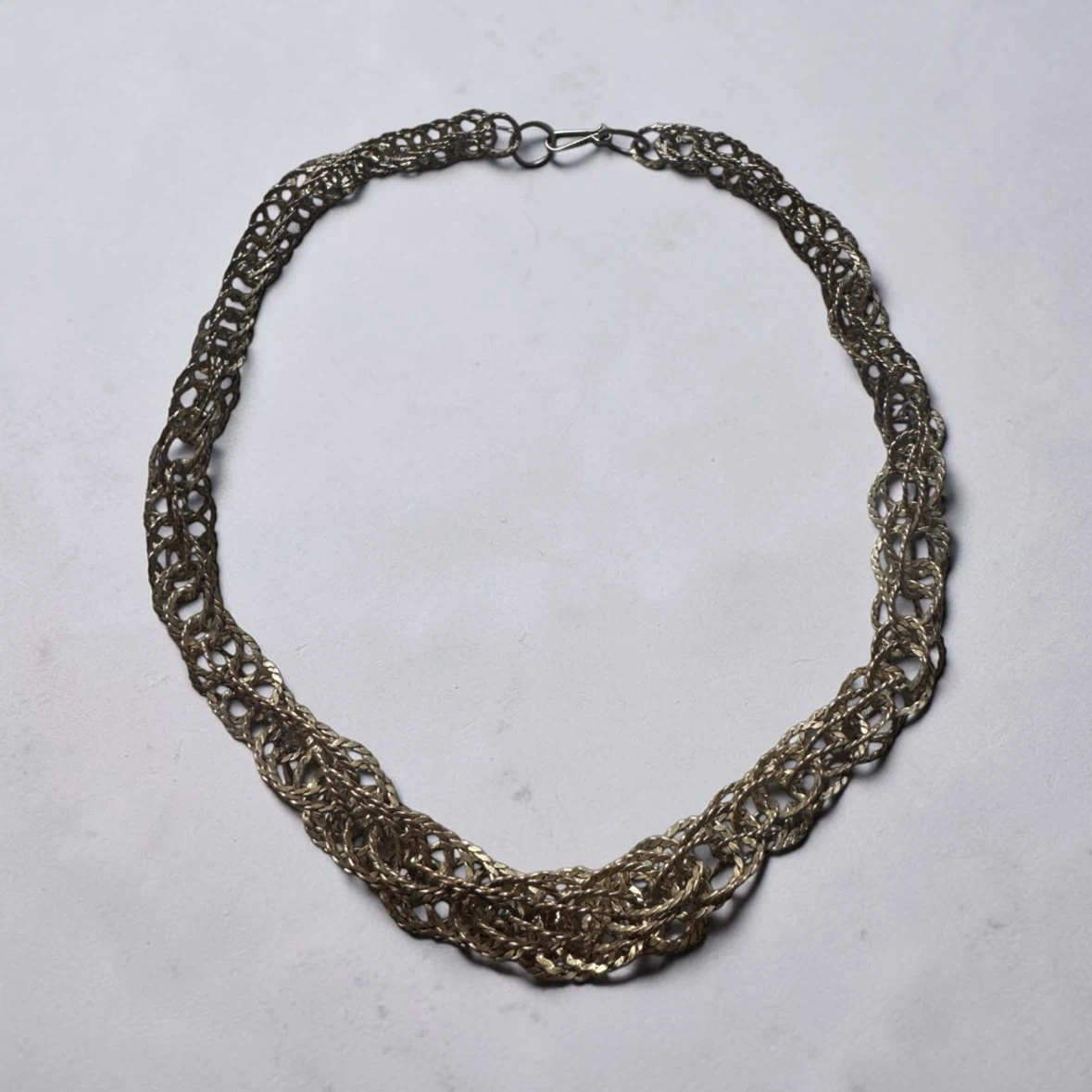 Vintage 90s Artisan Pewter Wire Crochet Necklace - Handcrafted