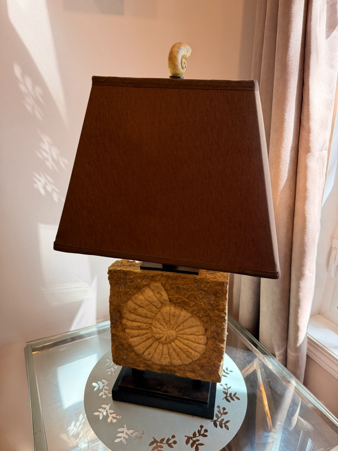 Unique Ammonite Fossil Table Lamp with Shell Finial
