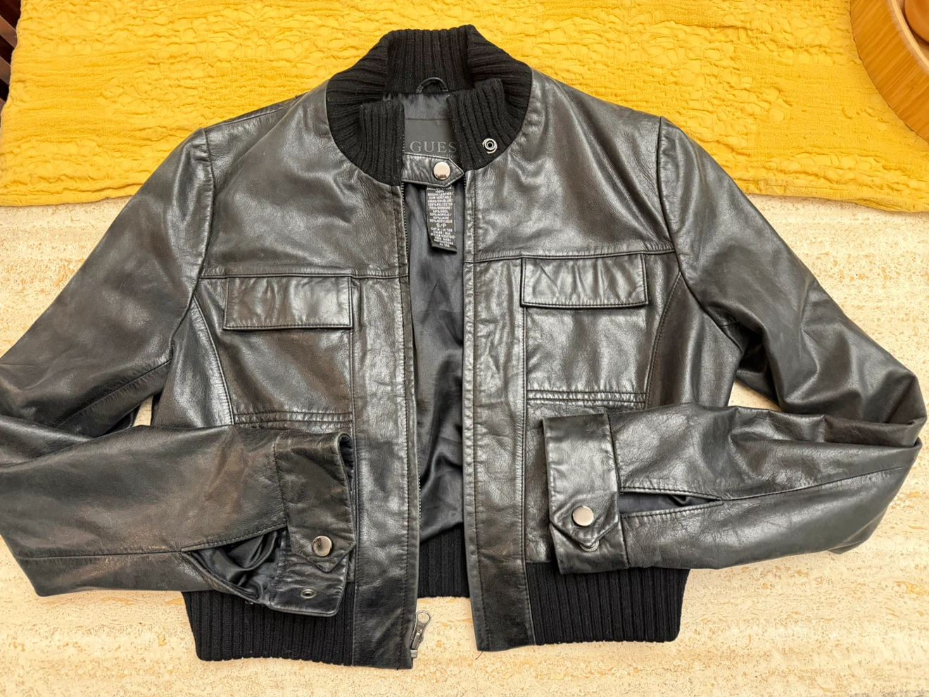 Guess Collection Black Leather Bomber Jacket
