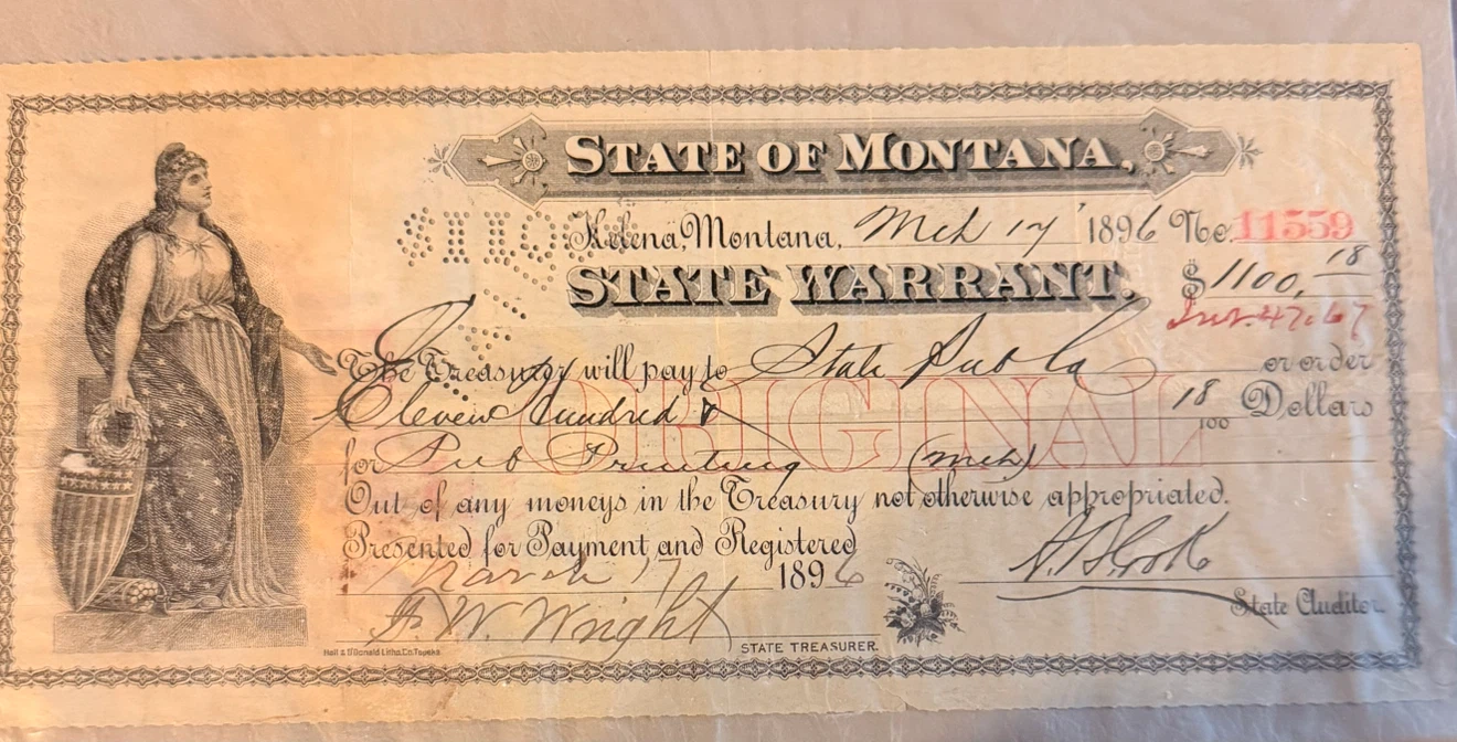 State of Montana State Warrant - $1100 - 1896