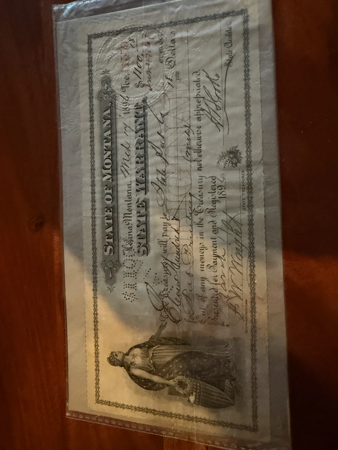 State of Montana State Warrant - $1100 - 1896 - photo 2