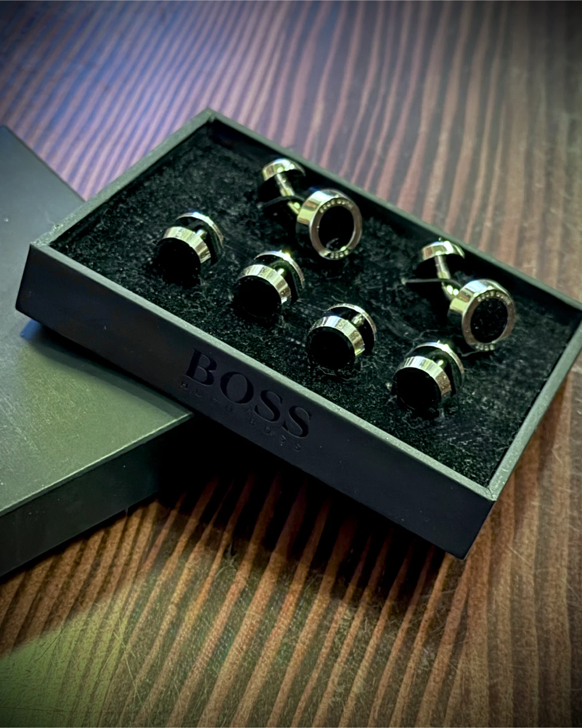 NWT! BOSS Simony Black and Stainless Cufflinks and Stud Set