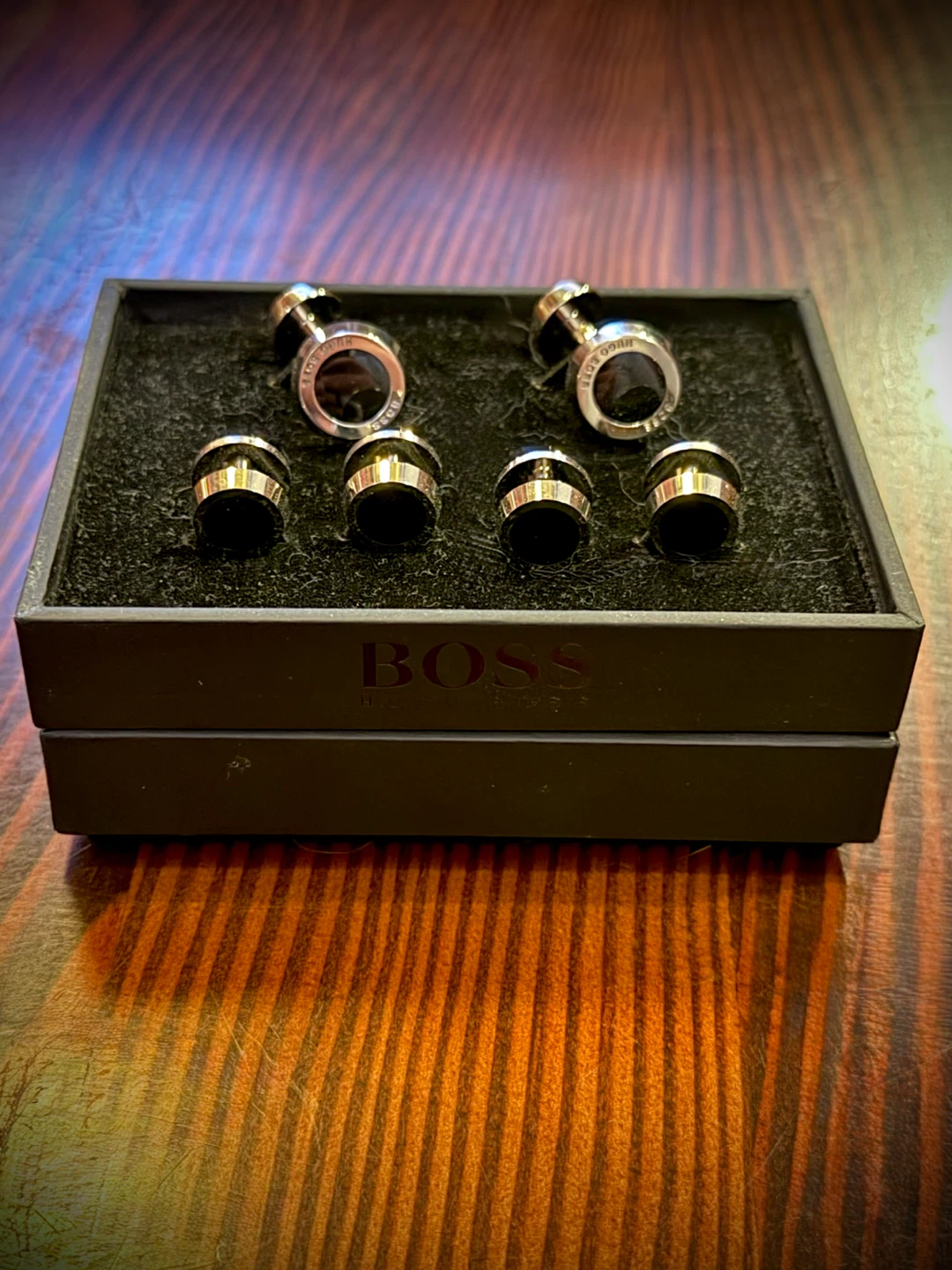 NWT! BOSS Simony Black and Stainless Cufflinks and Stud Set - photo 2
