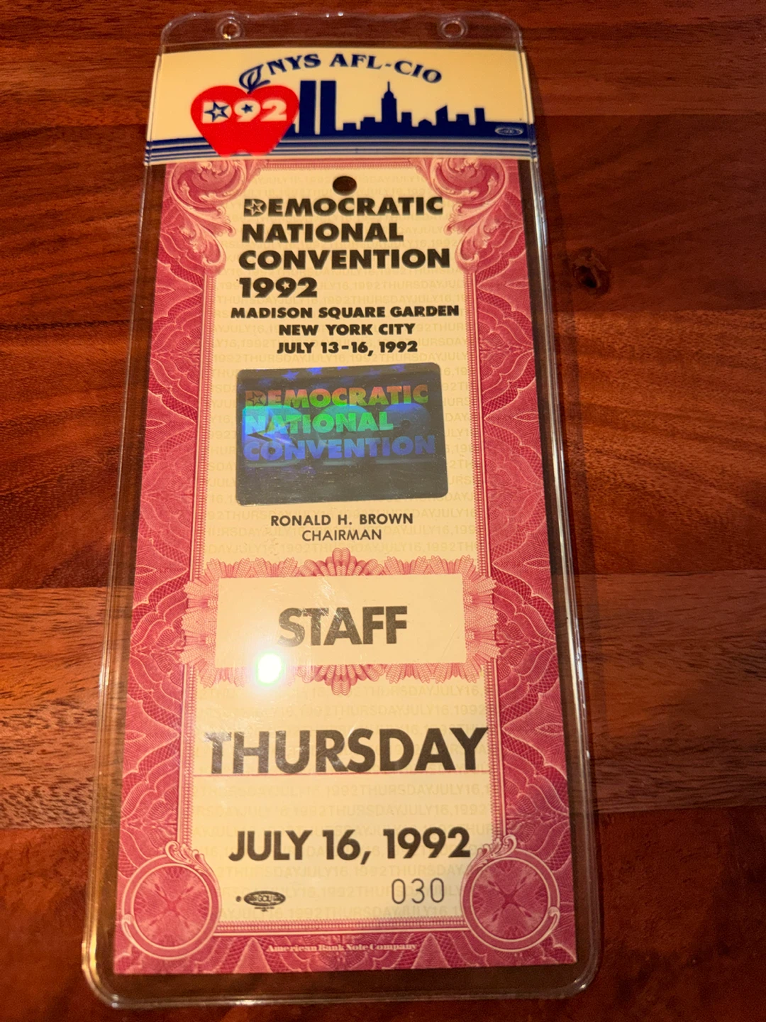 1992 Democratic National Convention Staff Badge