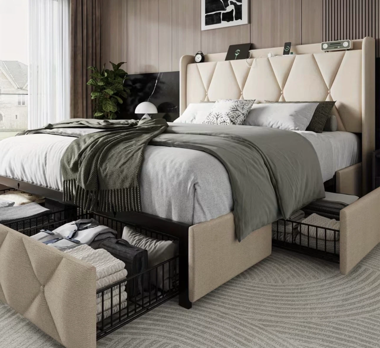 Queen Size Bed Frame with Storage Drawers