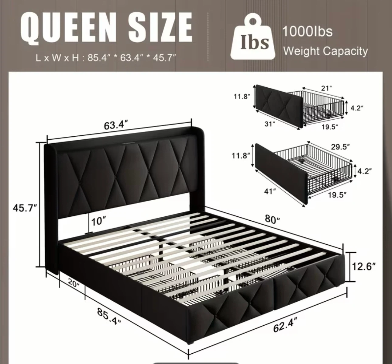 Queen Size Bed Frame with Storage Drawers - photo 4
