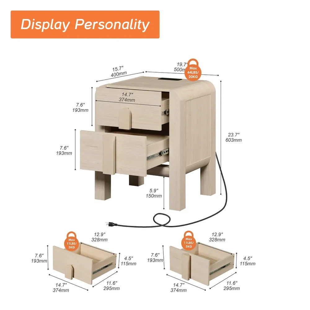 Set of 2 Modern Wood Nightstands with Charging - photo 2