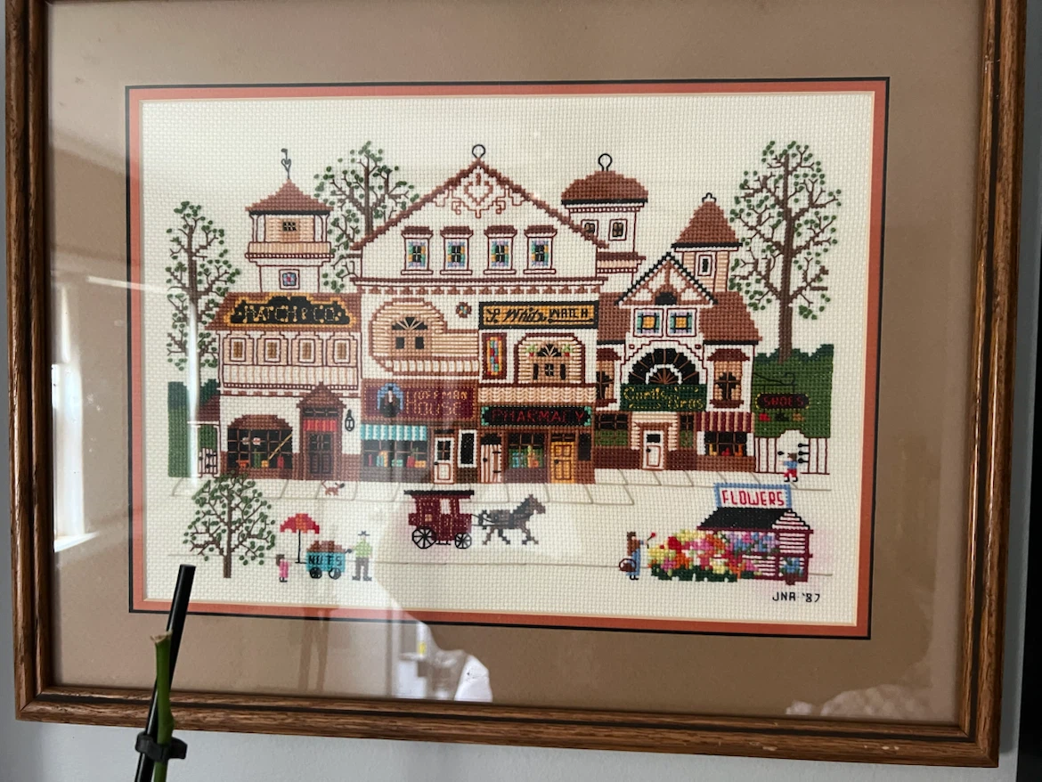 Framed Cross-Stitch "Main Street" Scene