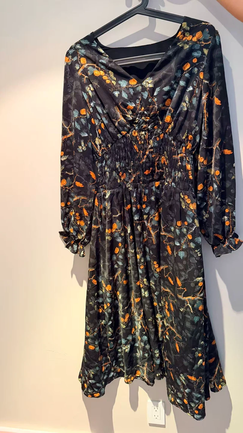 Black Floral Print Long Sleeve Midi Dress