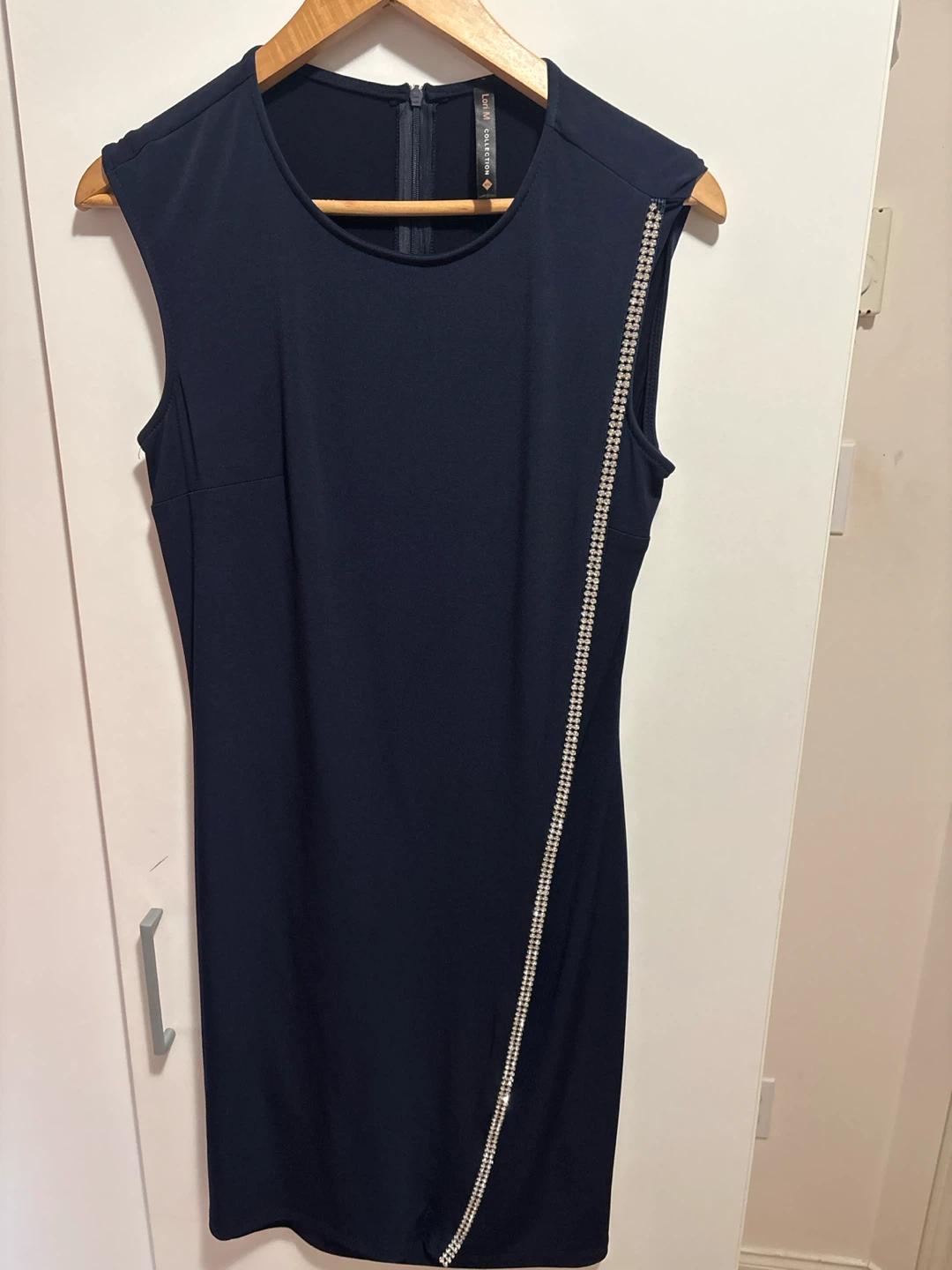 Navy Sheath Dress with Rhinestone Detail - photo 2