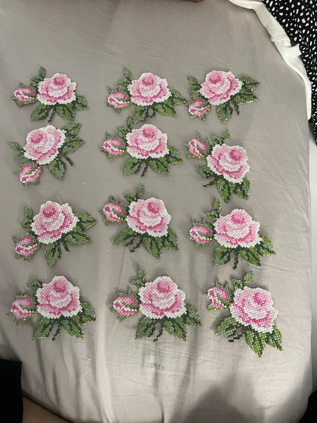 Set of 12 Pink Rose Cross-Stitch Appliques
